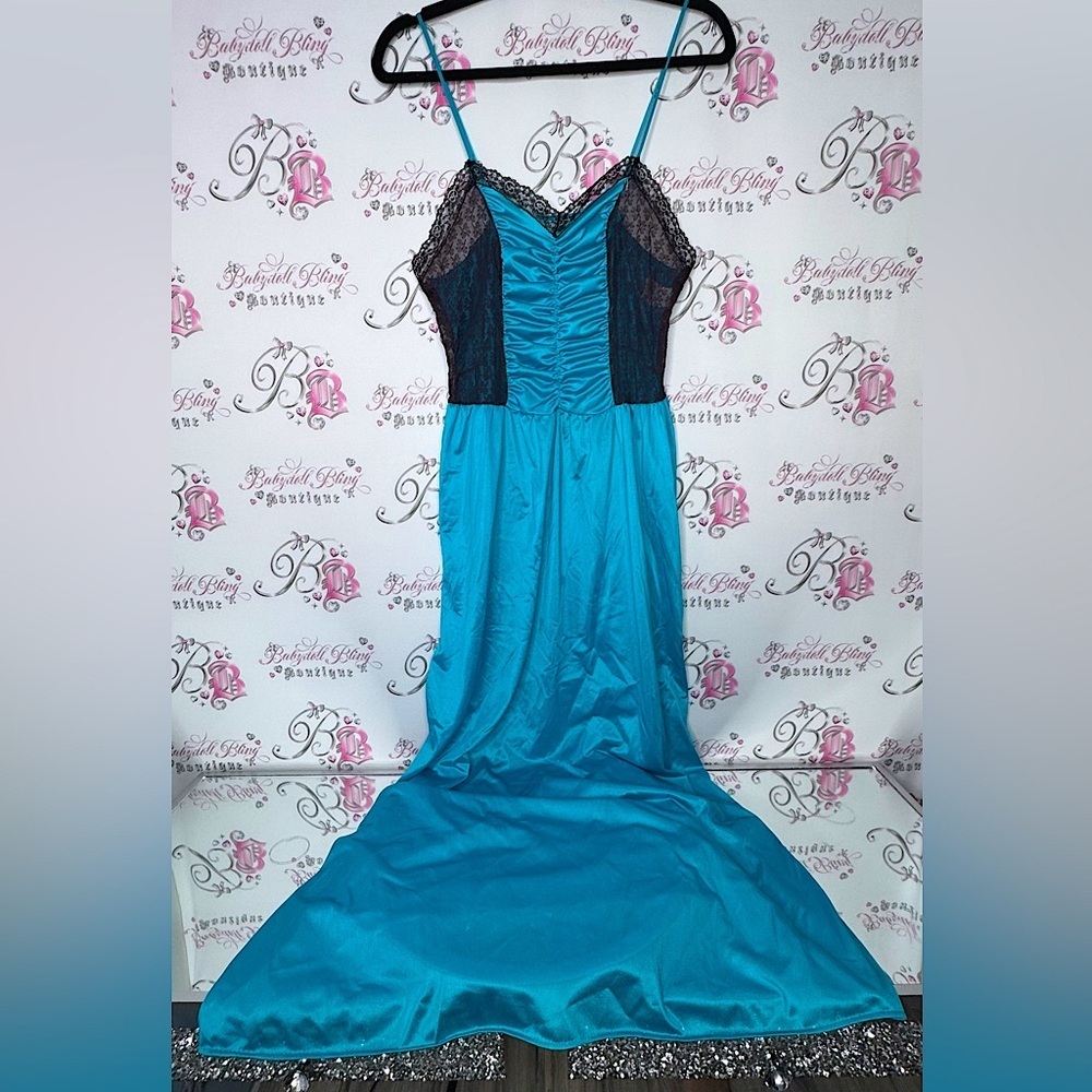 Undercover wear dress turquoise silky satiny black lace cinched long maxi sexy